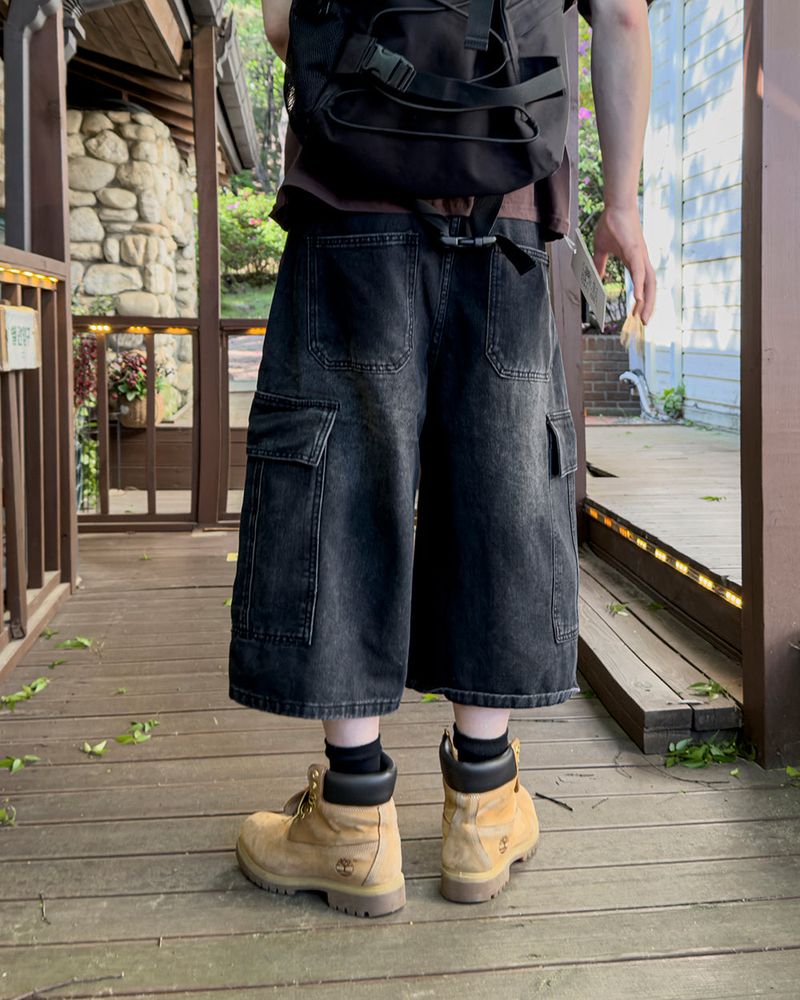 Kazen Washed Cargo Bermuda Denim Pants