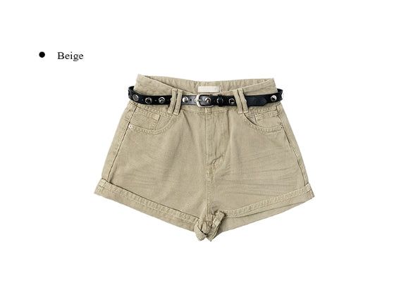 [Belt SET] ベッシー ロールアップ ウォッシング デニム ショートパンツ