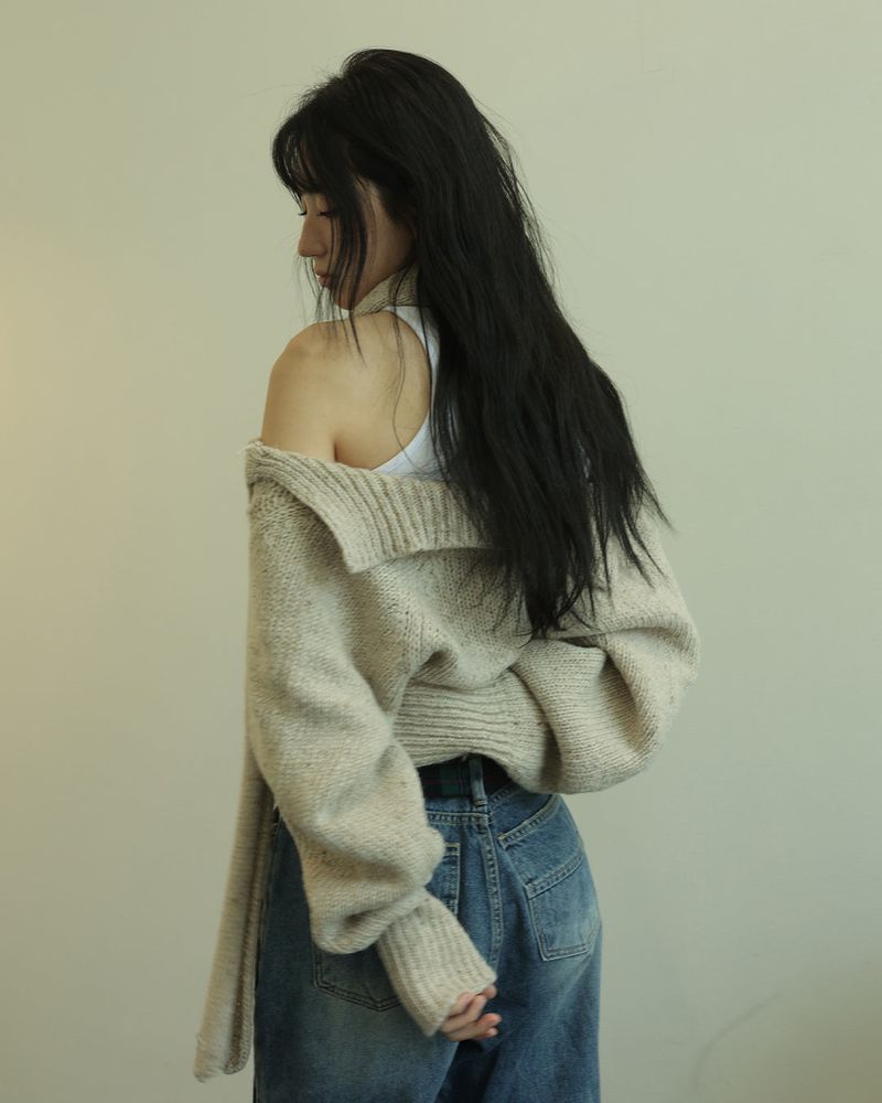 MUFFLER & TWO WAY CARDIGAN - OATMEAL