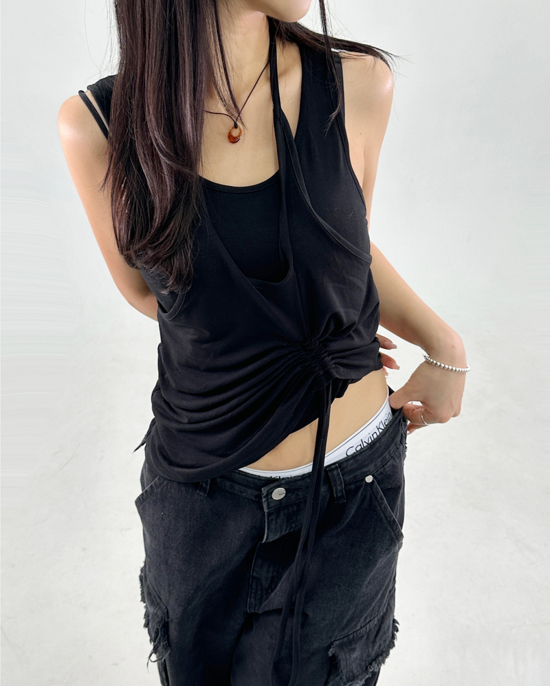 LAYERED SHIRRING POINT SLEEVELESS🤎💚🖤🤍 - 4 COLORS