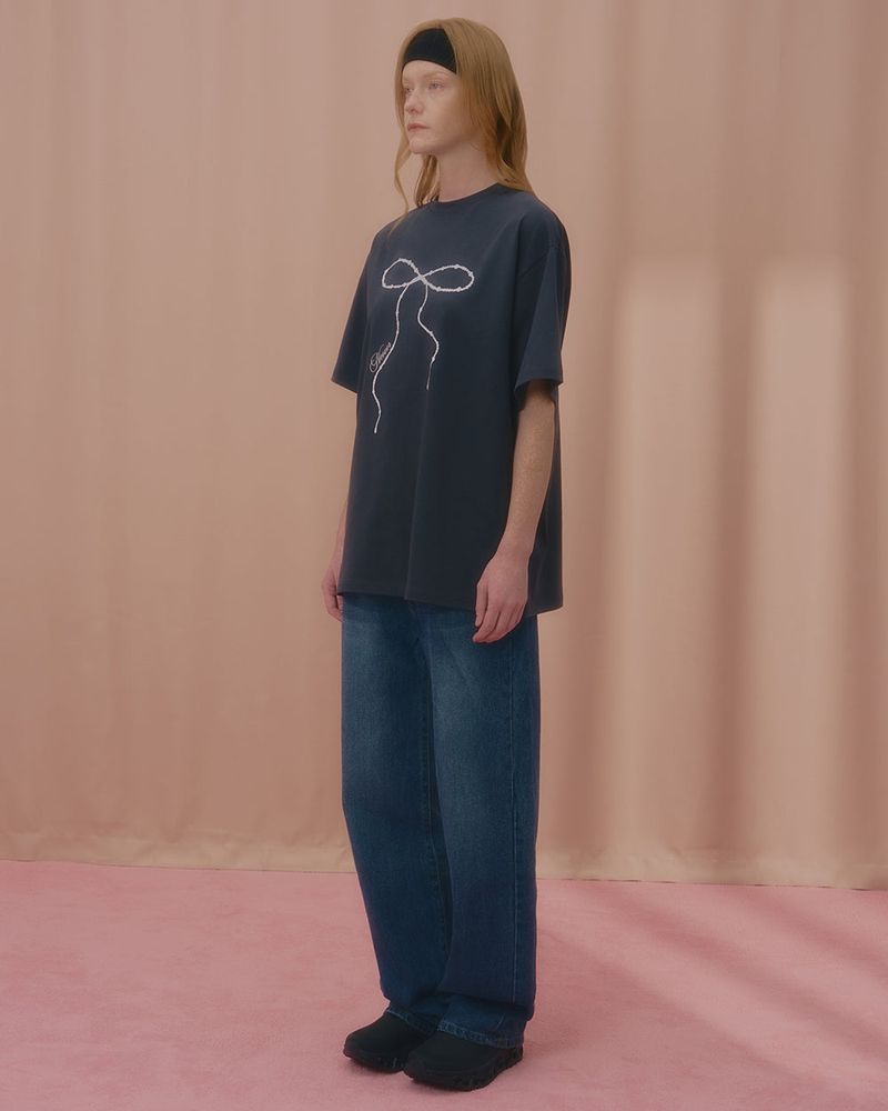 WAVE PEARL RIBBON TSHIRT-CHARCOAL