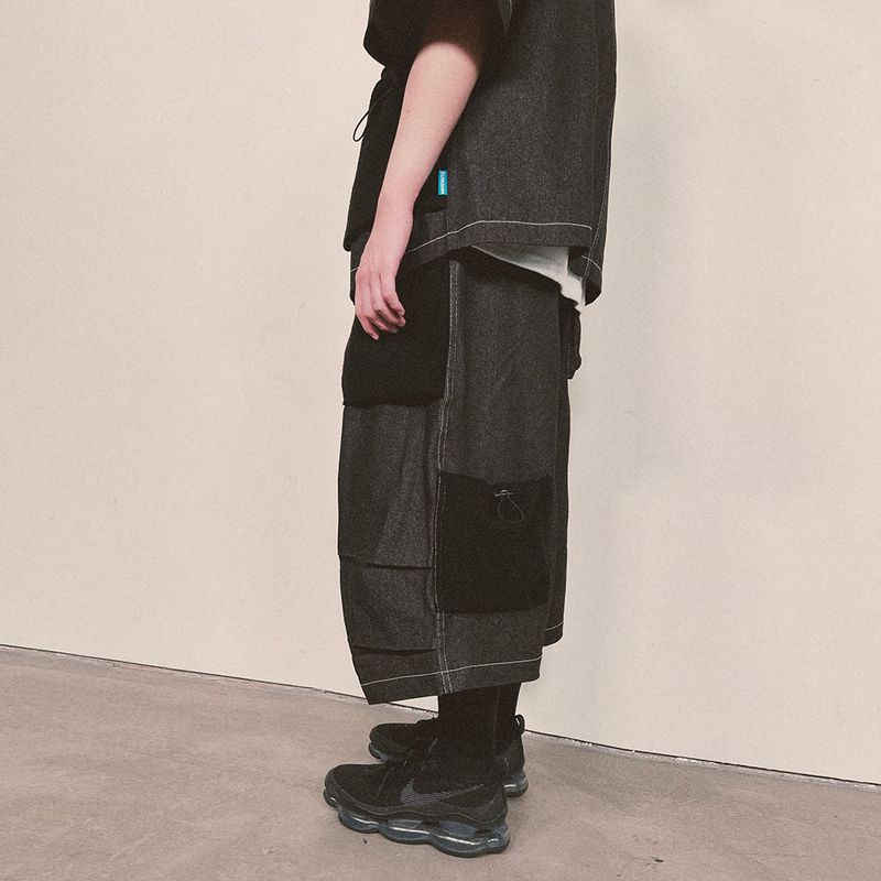 reverse terry pocket denim capri shorts_black