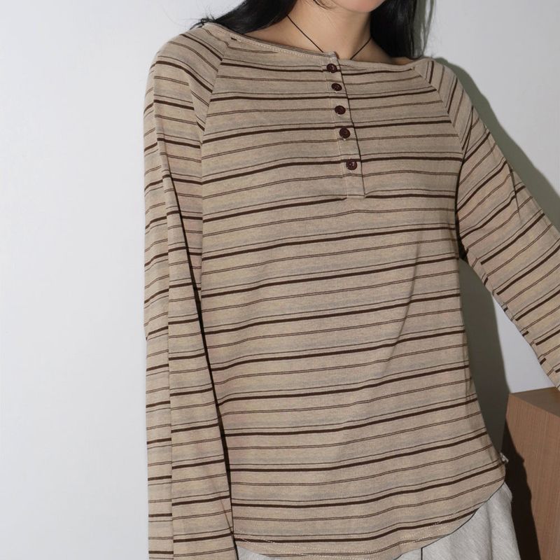 Petz Stripe Half Button Long Sleeve T-Shirt