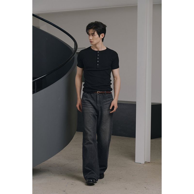 High ribbed henry neck half sleeves(Black)
