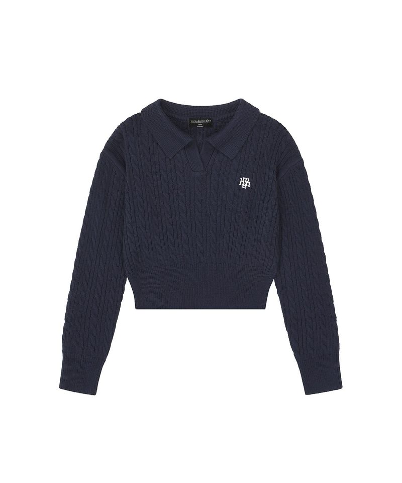 LOGO OPEN COLLAR CABLE KNIT