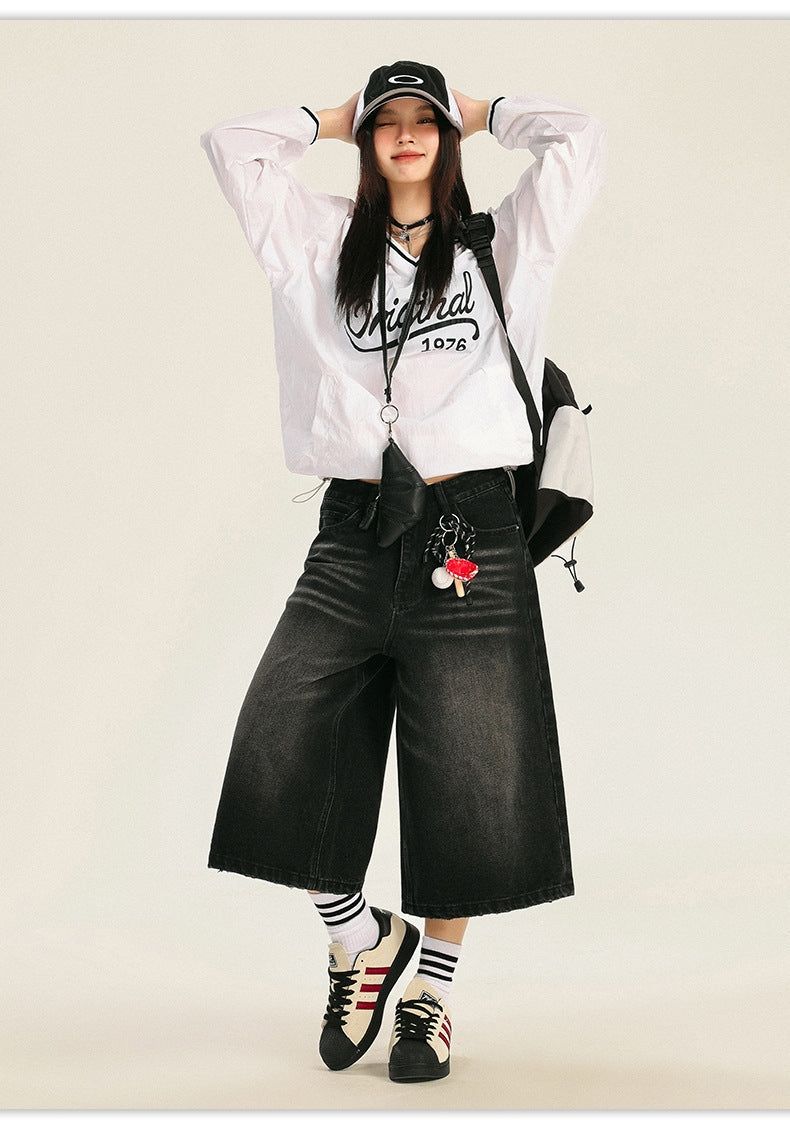 American retro loose-fitting washed distressed wide-leg capri pants