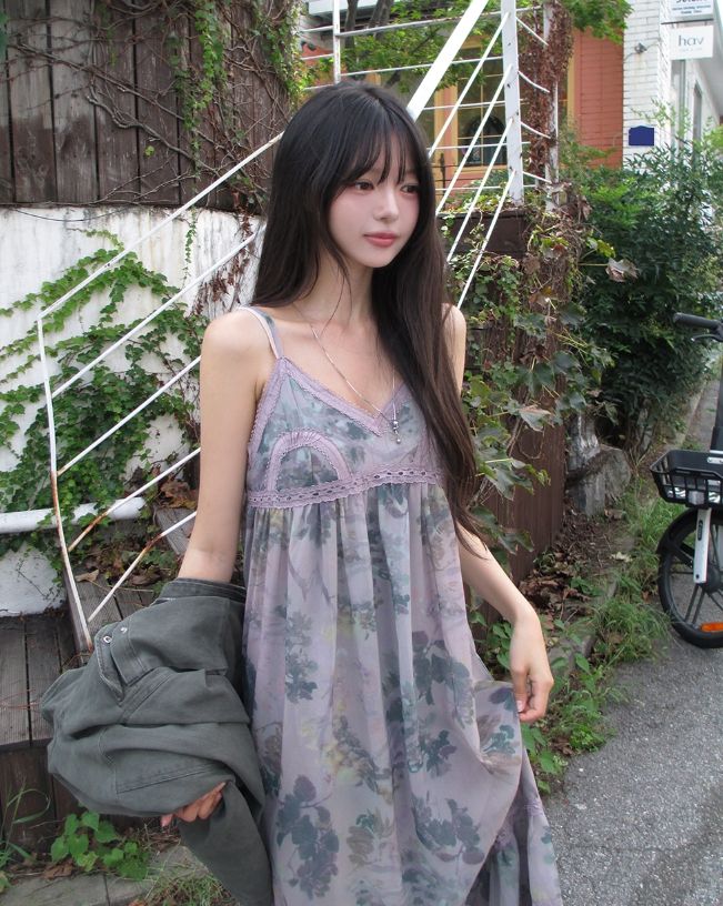 Misty Mauve Flower Chiffon Long One Piece
