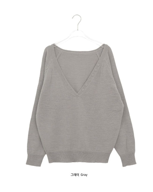 Bastin Loose-Fit Button Deep V-Neck Knit