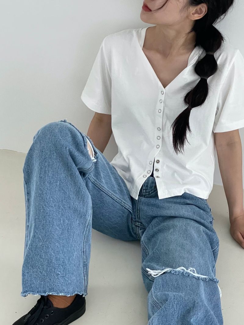 Damage cutting wide denim pants