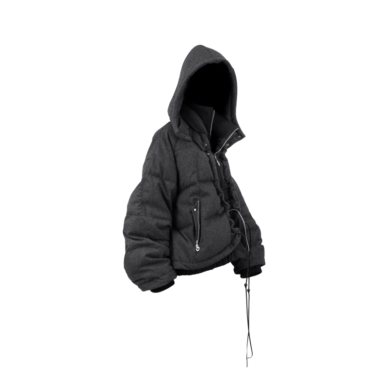 RELABEL Interactive (Layered) Multi-Panel Imported Australian Wool Patchwork Detachable Hood Down Jacket