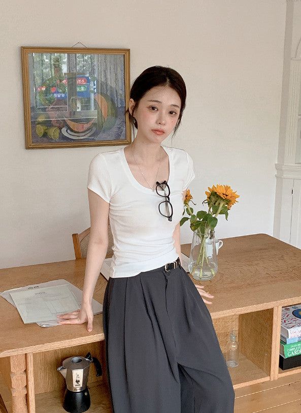 Basic Slim Rib U-neck Short Sleeve T-shirt (5color)