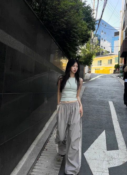 Metallic Track Wide Nylon Trousers