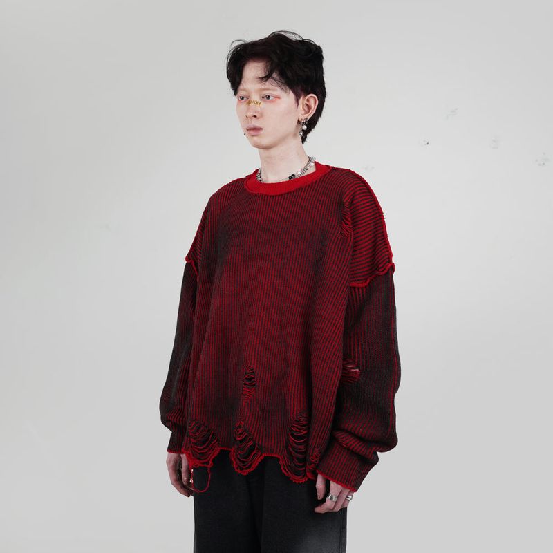 HIERARCHY STUDIOS Chroma - Distressed Red Flux Oversized Knit Sweater