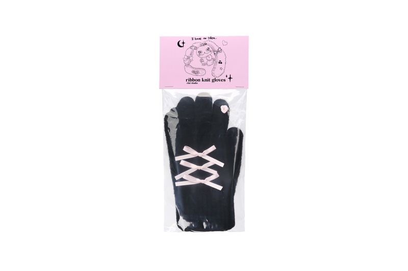 0 4 ribbon knit gloves - BLACK/PINK