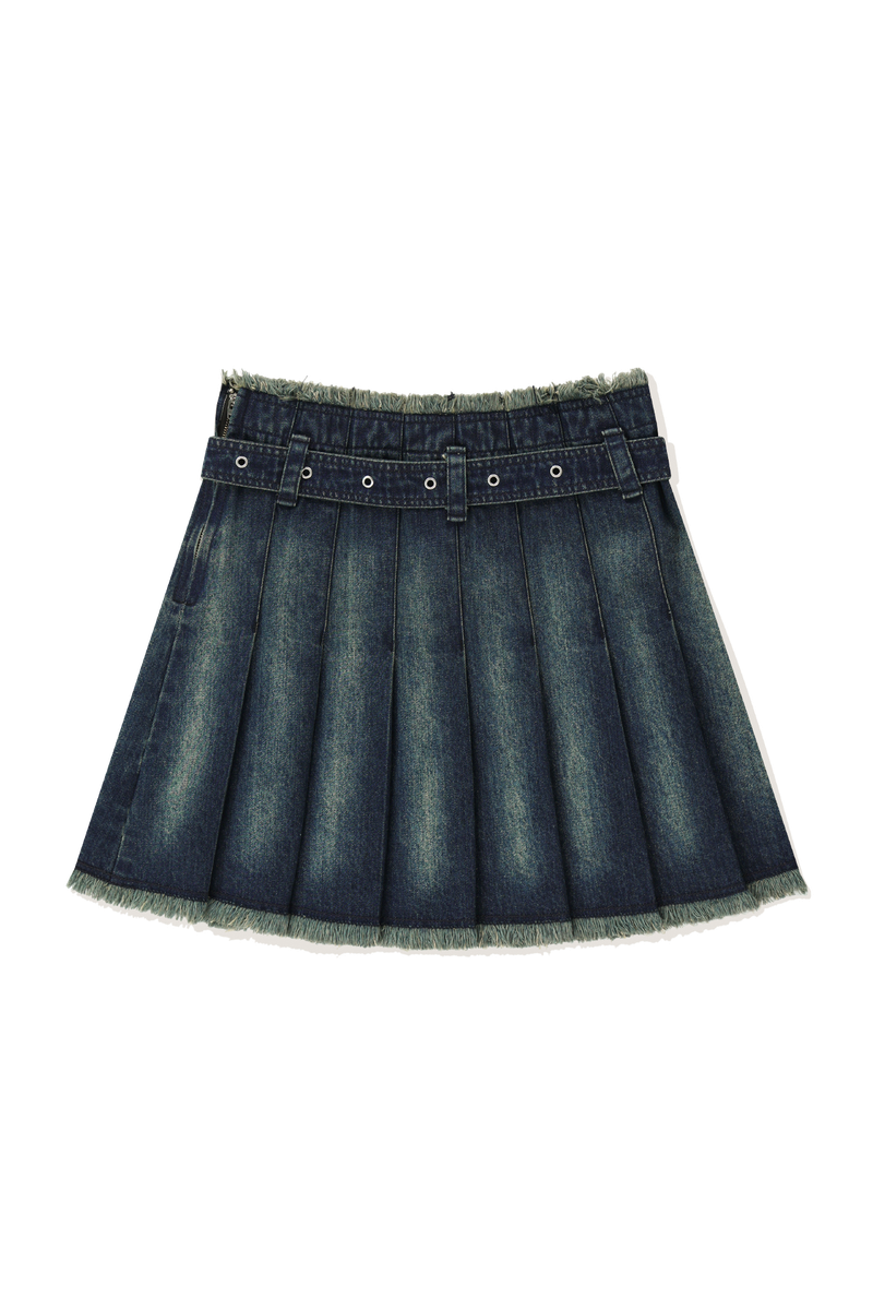 BUCKLE DENIM PLEATS SKIRT