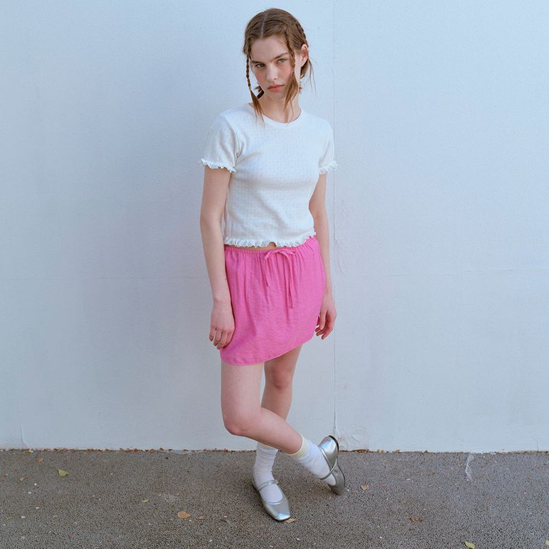 LACE HEM HALF SLEEVE TEE, WHITE