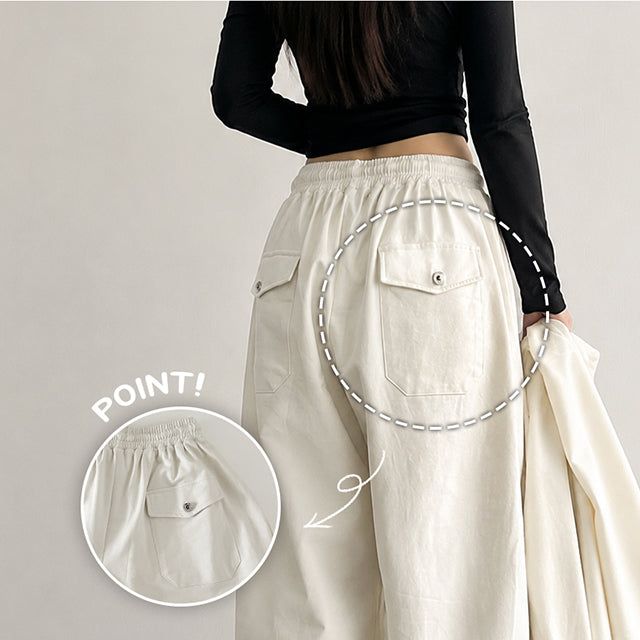 Flap Pocket Pants Cotton Wide Pants (3 colors)