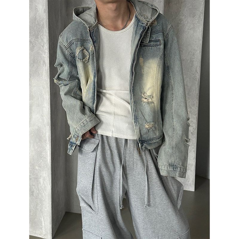 [Unisex] デストロイドデニムフードジャケット(2color)