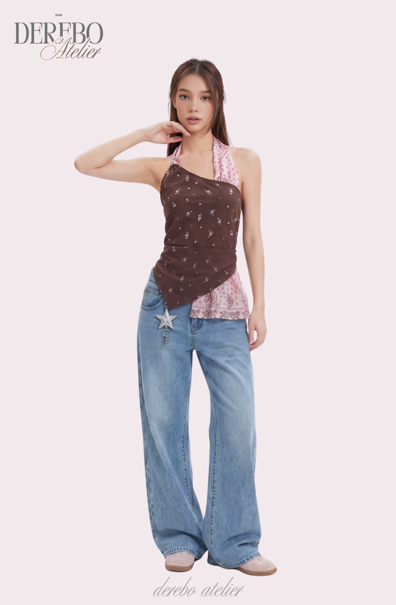 Pink brown scarf unbalanced sleeveless top
