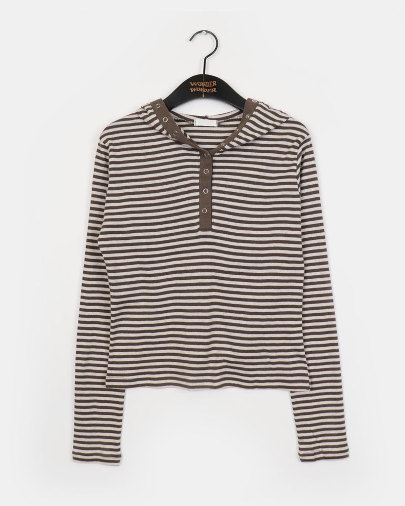 Pao Stripe Snap Button Coloring Long Sleeve Hooded T-Shirt
