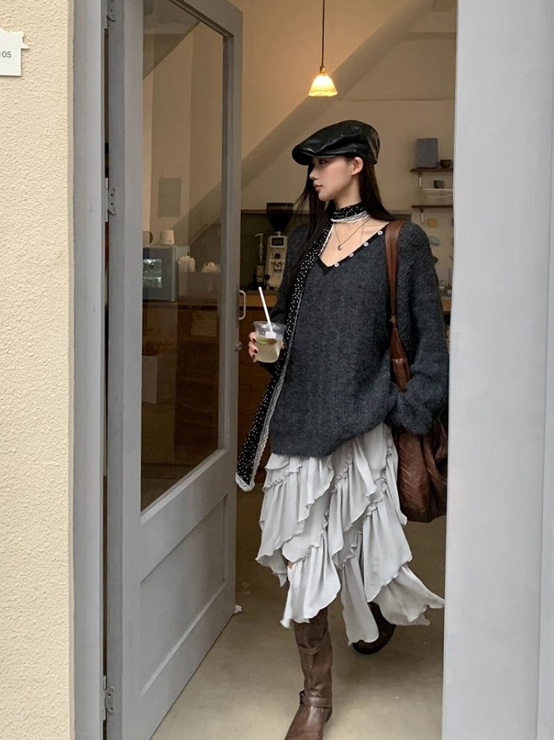 cake chiffon unbalanced midi skirt