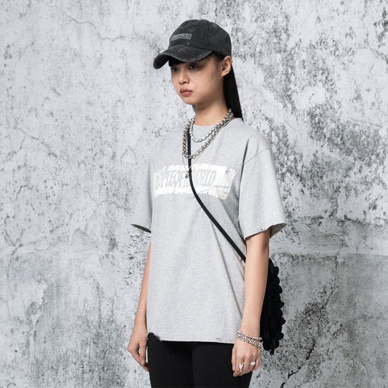PEOPLEOFTHEWORLD(ピープルオブザワールド)の「Crack Logo semi OversizedFit T-Shirt (MELANG GRAY)(Tops)」