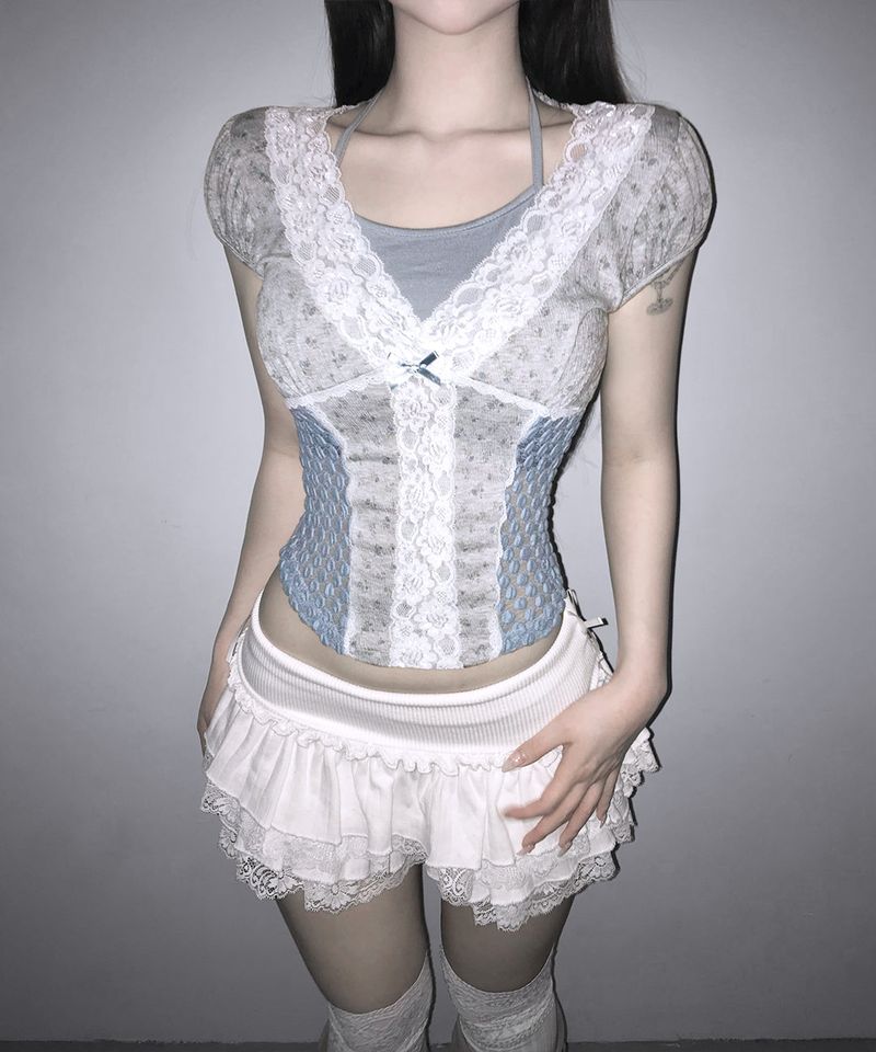 floral puff lace tee (3colors)