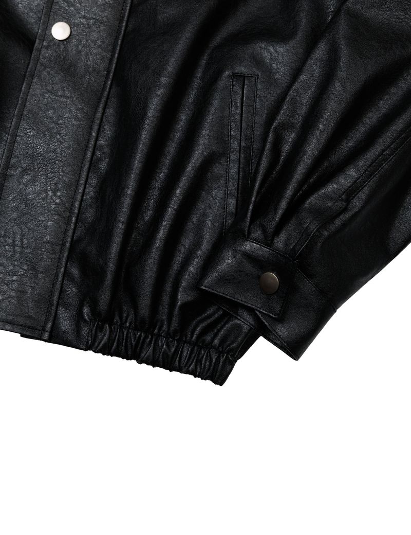 VEGAN LEATHER HOODED JACKET(BLACK)