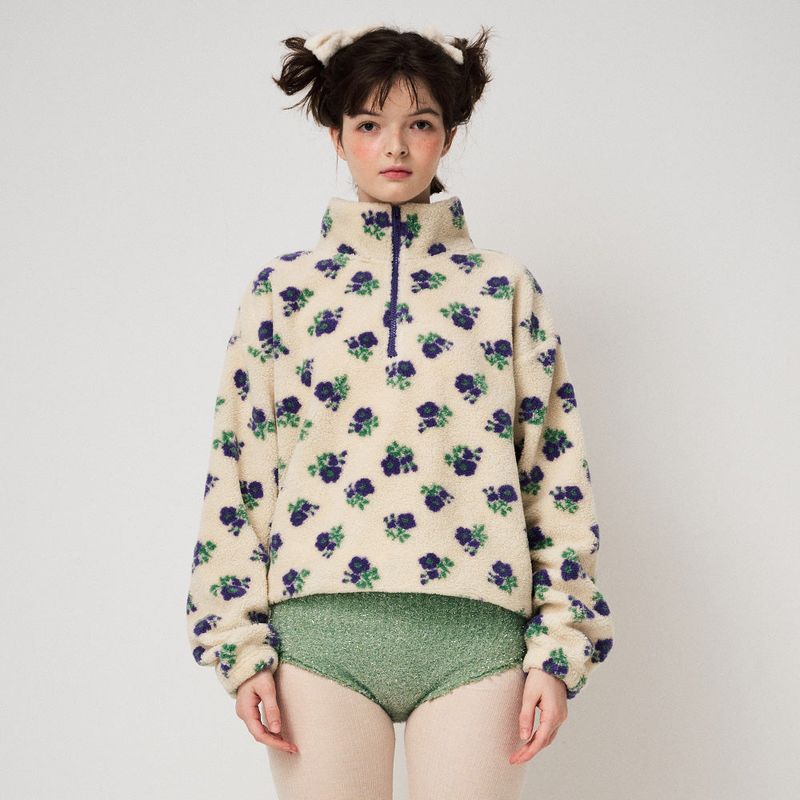 HALF ZIP FLEECE PULLOVER, FLORAL