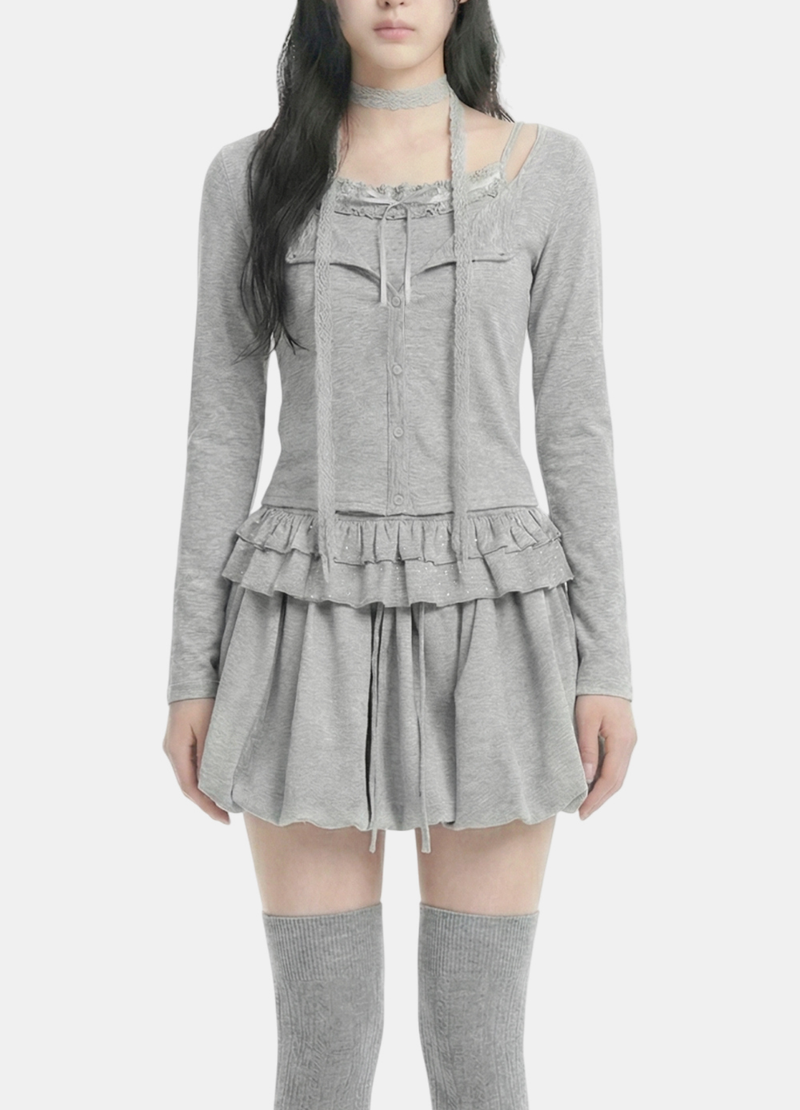 Miel Dot Frill Cardigan Set