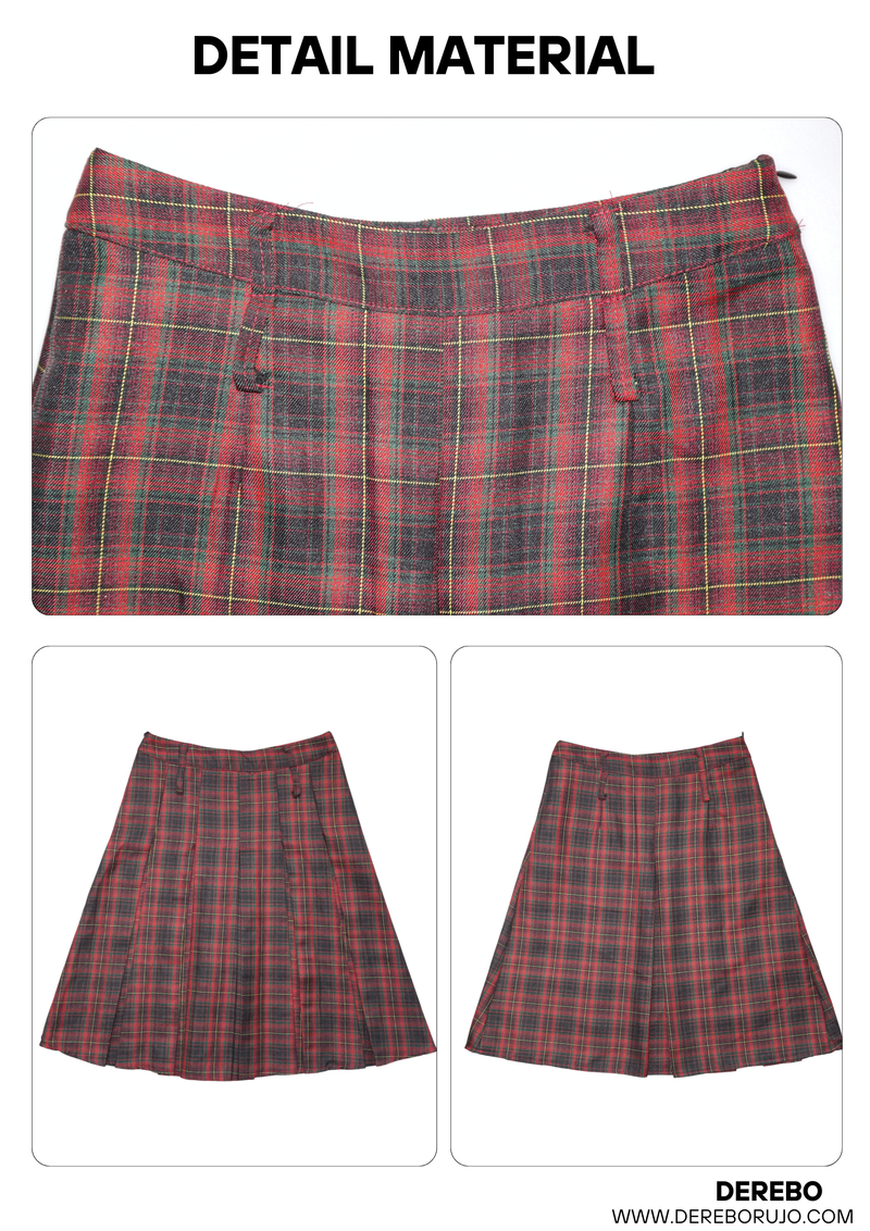 Red Preppy Checkered Midi Pleats Skirt
