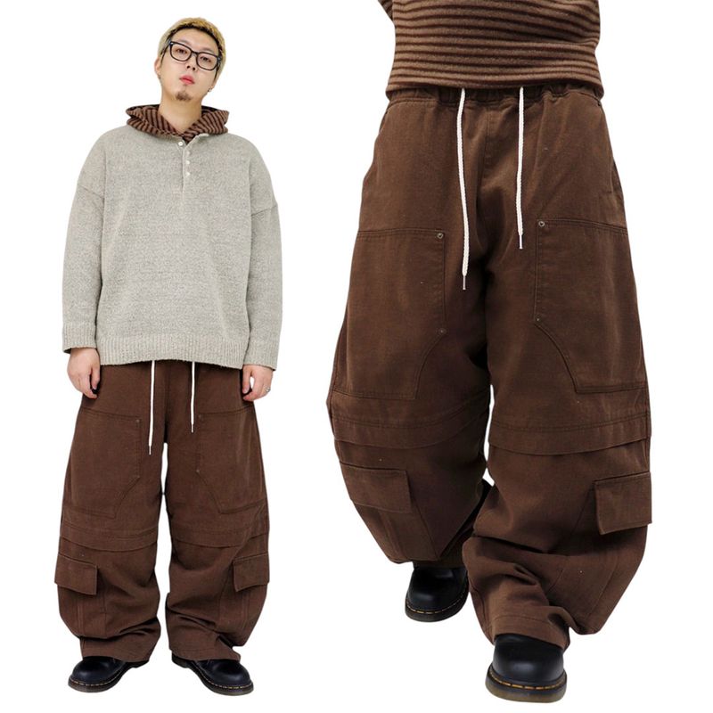 Wide Peach-Finish Double-Knee Balloon Pants