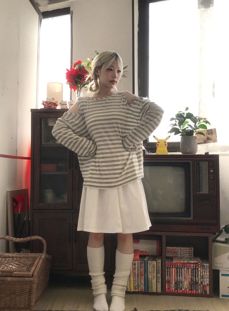shoulder slit loose stripe long sleeve