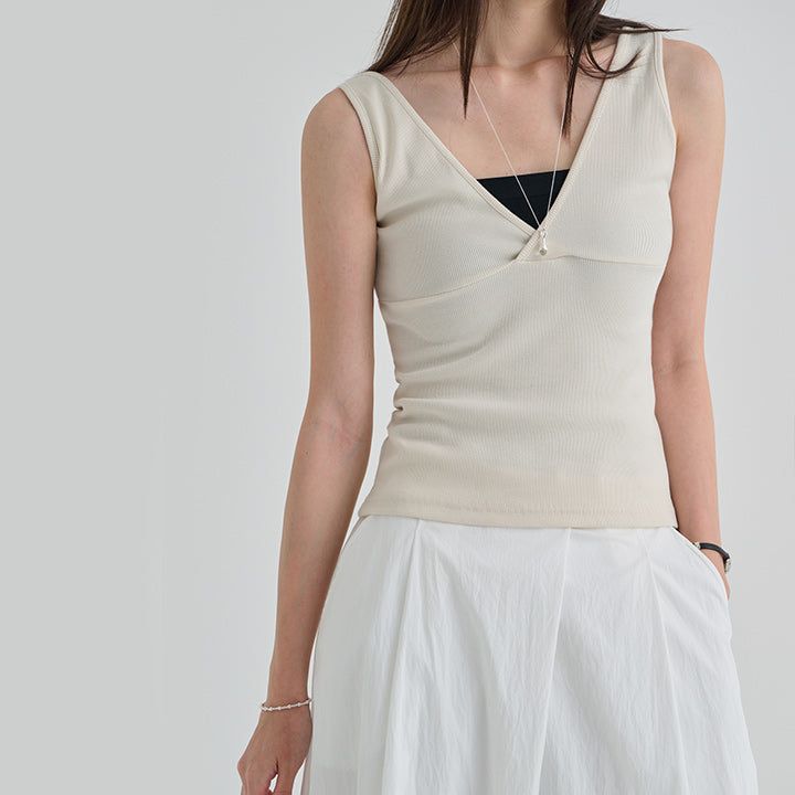 [Nerit] Deep V-Neck Ribbed Tank Top -3Color