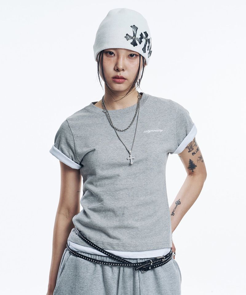 Layered Roll-Up Cropped T-shirt - Gray