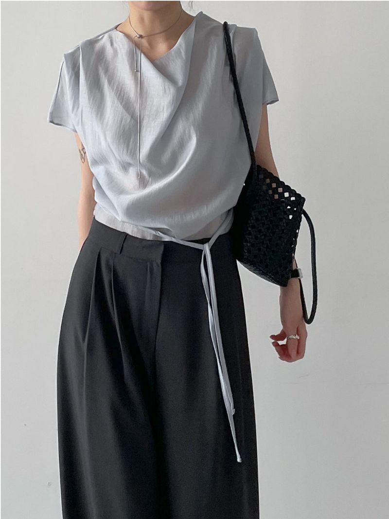 [Strap SET] Draped Shirred See-through Short Sleeve Blouse