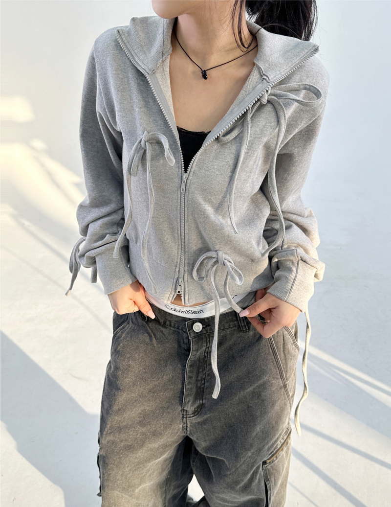 BOW HIGH-NECK HOOD ZIP-UP🖤🩶 - 2 COLORS