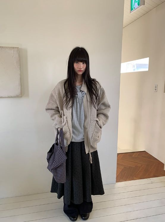 [unisex] Kamba Pocket Collar Cable Knit Zip-Up