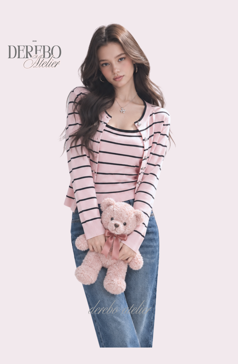 Pink Stripe Inner Cardigan Two-Piece Set