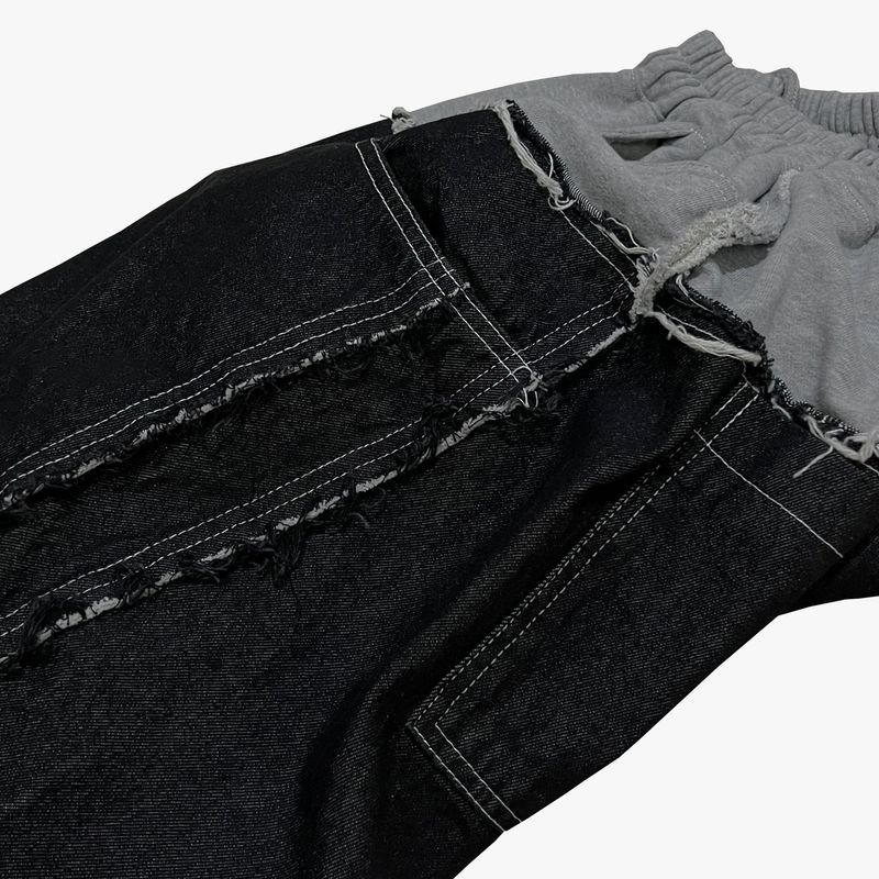layered deconstructed denim capri shorts_black