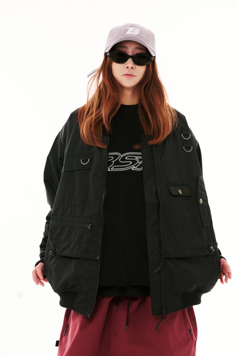 BSRABBIT(ビエスラビット)の「DOUBLE ZIPPER SHIRRING MA-1 JACKET BLACK(Jackets/Outerwear)」