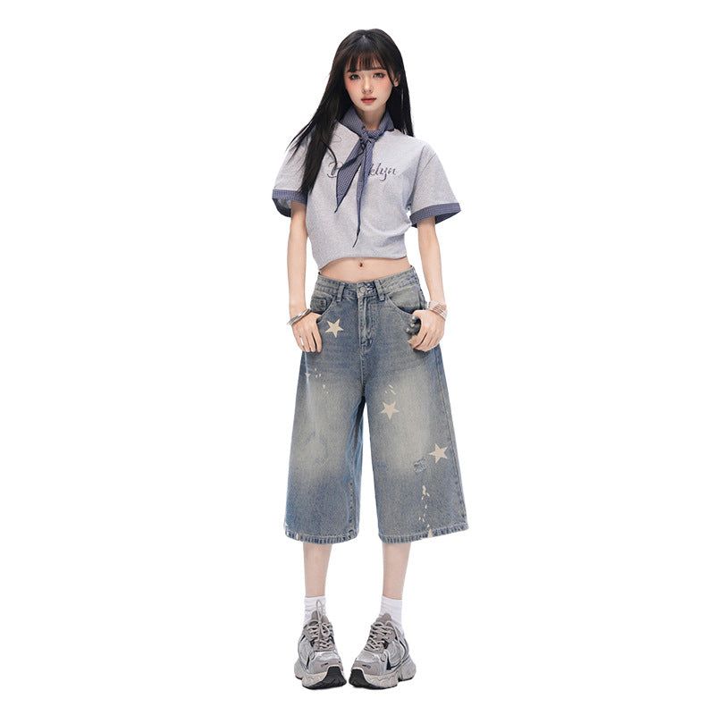 ヴィンテージスター プリントウォッシュド ワイドクロップドデニムパンツ