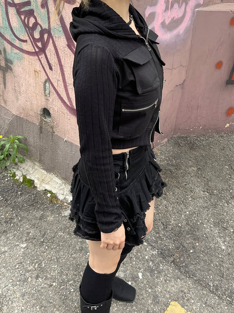 Cropped Two-Way Cargo Hood Zip-Up