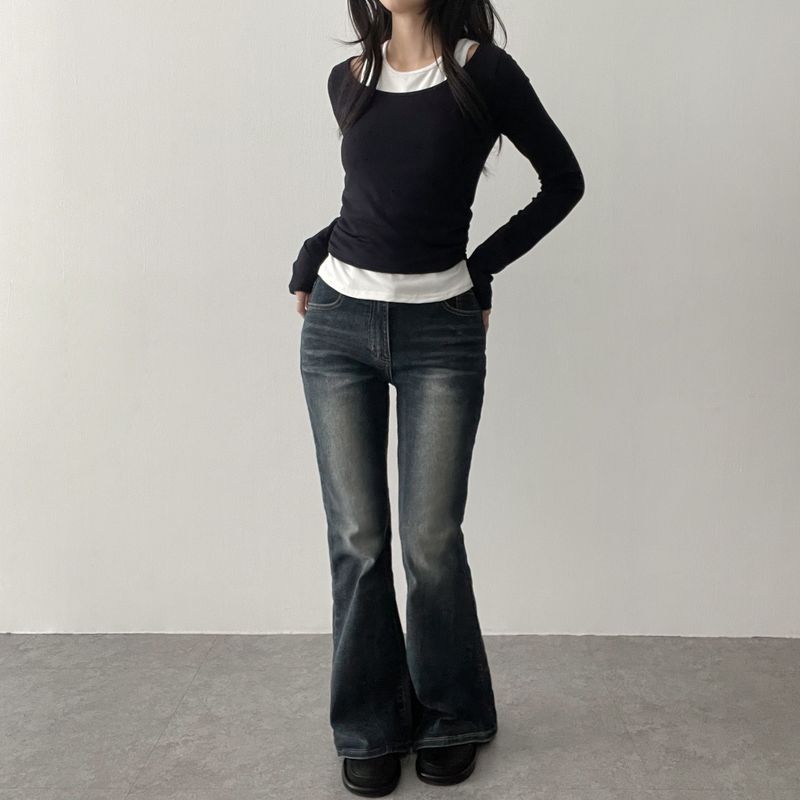 Square neck shirring layered long-sleeved shirt