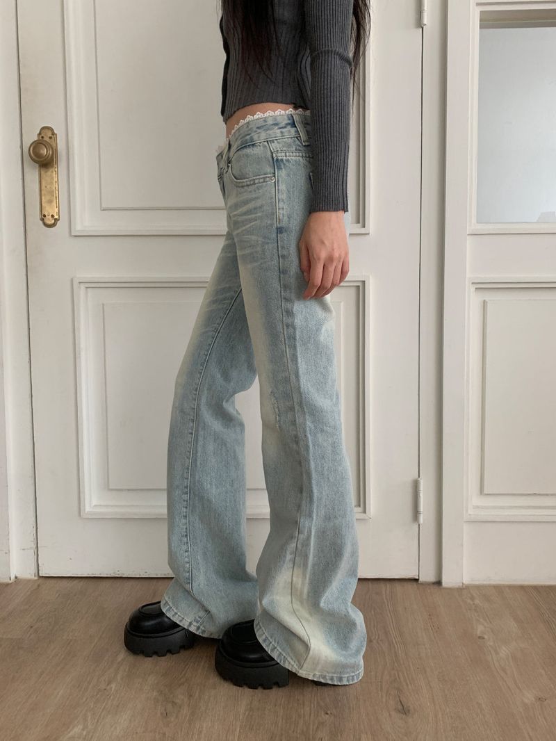 Touch Lace Trim Light Blue Bootcut Denim Pants