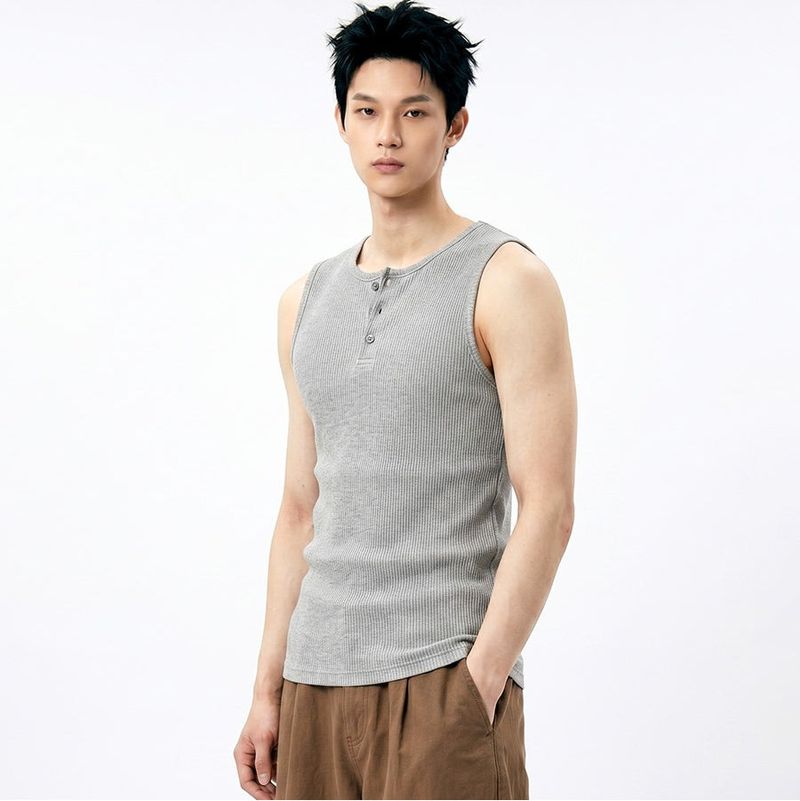 UNDEROFF(アンダーオフ)の「Ribbed Henley-Neck Sleeveless Top Gray(Tops)」