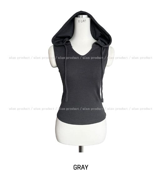 Hairy V-neck hood sleeveless