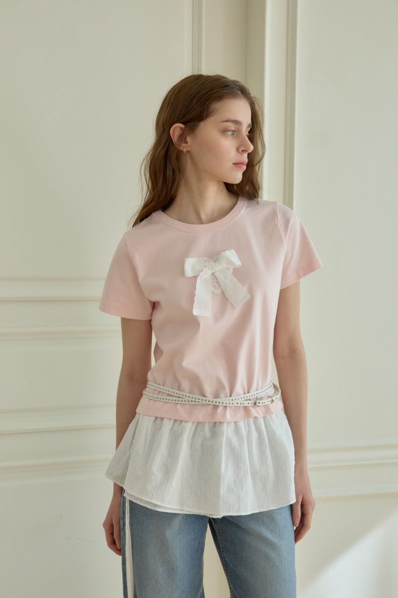 PINK PINEAPPLE（ピンクパイナップル）の「 スイートリボンハーフTシャツ（トップス）」