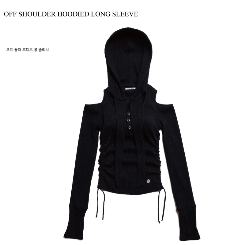 OFF SHOULDER HOODED LONG SLEEVE BLACK