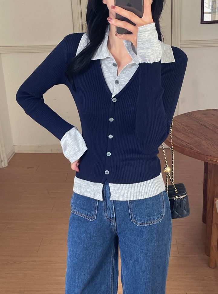 iam mari（アイアム マリ）の「Core Layered Collar Ribbed Knit Cardigan（Tops）」